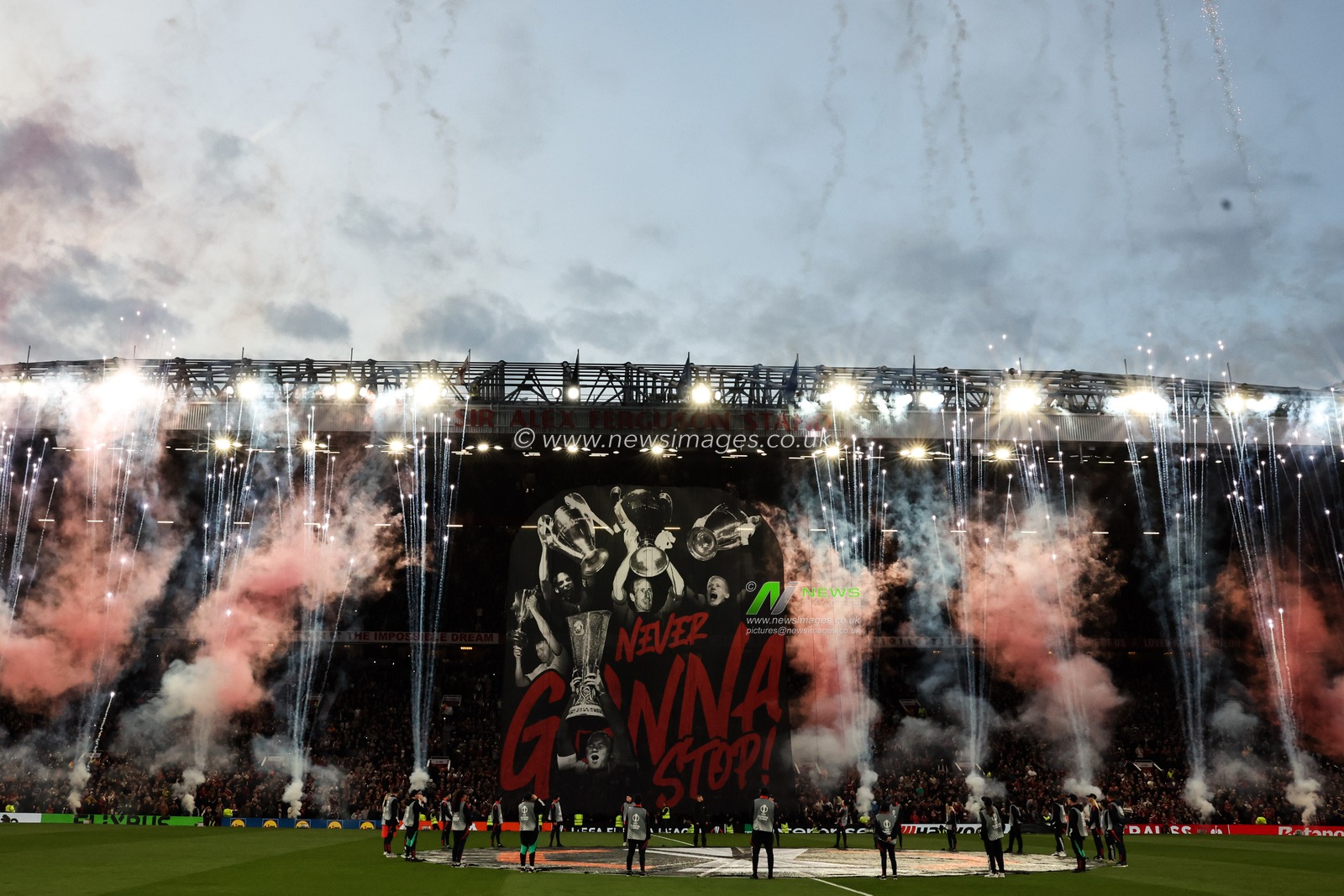 A Manchester United tifo ahead of the UEFA Europa League Quarter-finals match Manchester United vs Lyon at Old Trafford, Manchester, United Kingdom, 17th April 2025

(Photo by Mark Cosgrove/News Images)