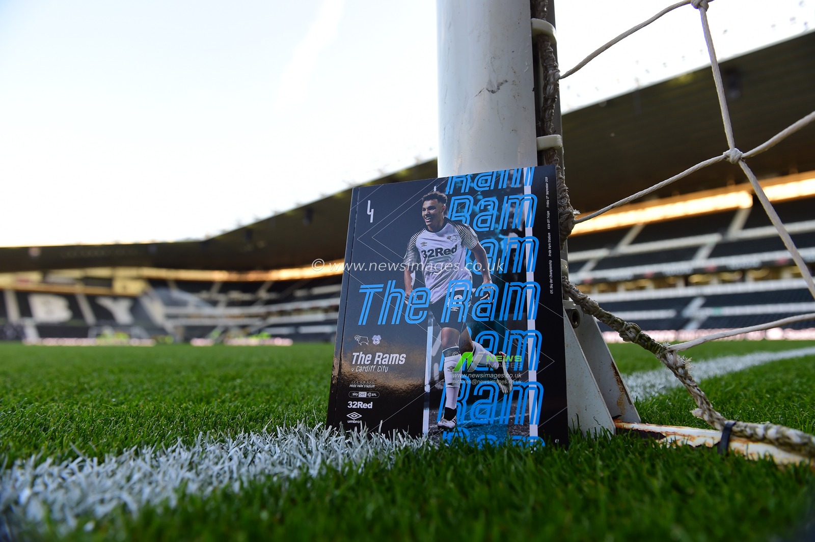 13th September 2019, Pride Park, Derby, England; Sky Bet Championship Football, Derby County vs Cardiff City ; Match-day program against the goal post

Credit: Jon Hobley/News Images 

English Football League images are subject to DataCo Licence