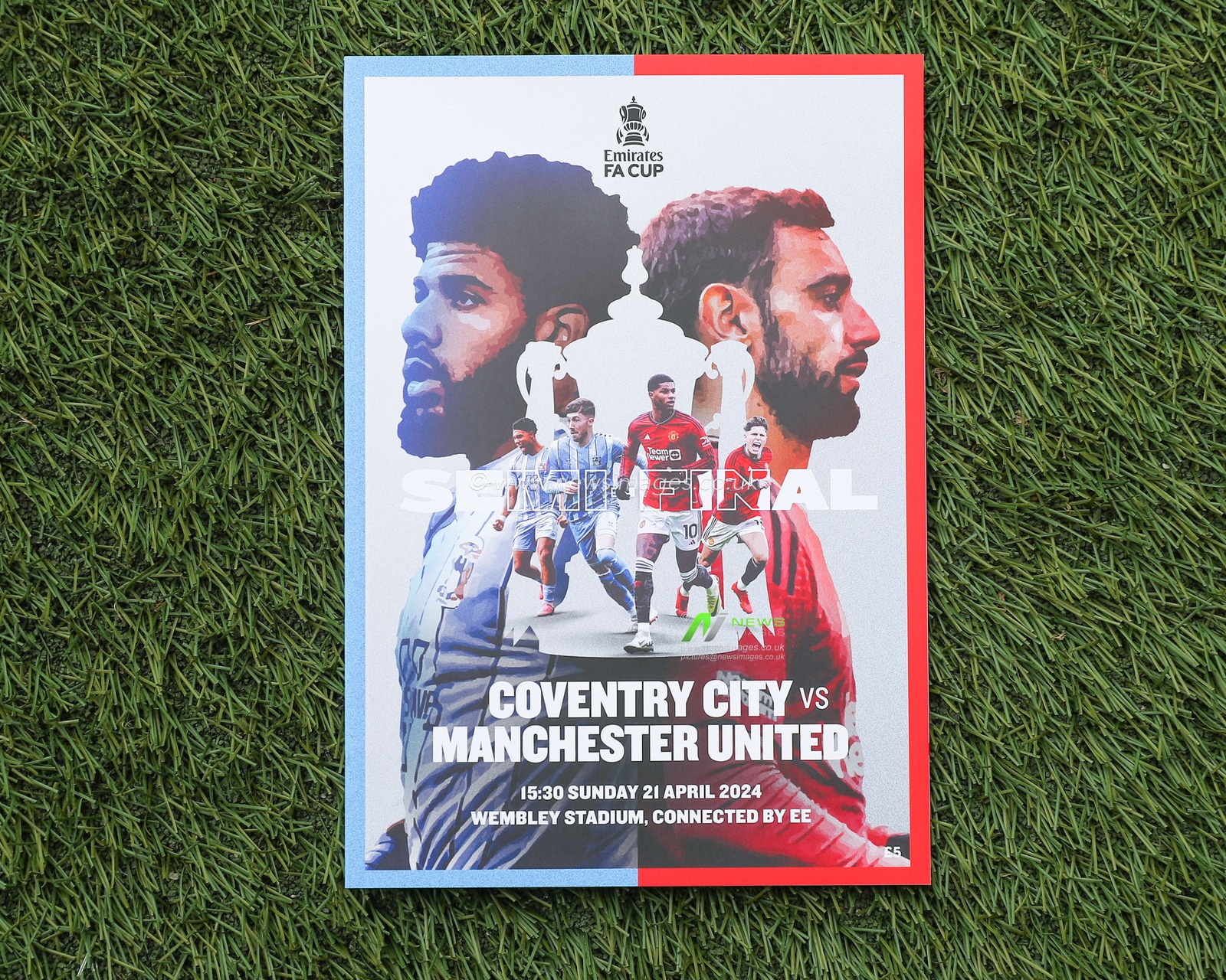 Ellis Simms of Coventry City and Bruno Fernandes of Manchester United on the cover of the match day program pitch side ahead of the Emirates FA Cup Semi-Final match Coventry City vs Manchester United at Wembley Stadium, London, United Kingdom, 21st April 2024

(Photo by Gareth Evans/News Images)