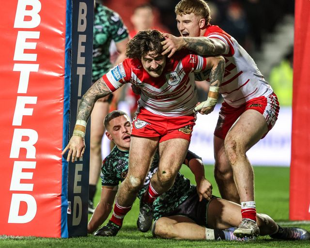 Joe Shorrocks of St Helens celebrates his try during the Betfred Super League match St Helens vs Leigh Leopards at The BrewDog Stadium, St Helens, United Kingdom on 20 February 2026

(Photo by Alfie Cosgrove/News Images)