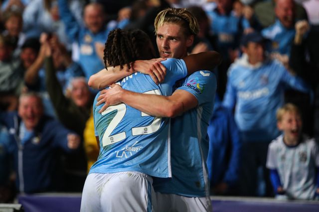 Brandon Thomas-Asante of Coventry City celebrates his goal to make it 1-0 during the Carabao Cup match Coventry City vs Tottenham Hotspur at Coventry Building Society Arena, Coventry, United Kingdom, 18th September 2024

(Photo by Gareth Evans/News Images)