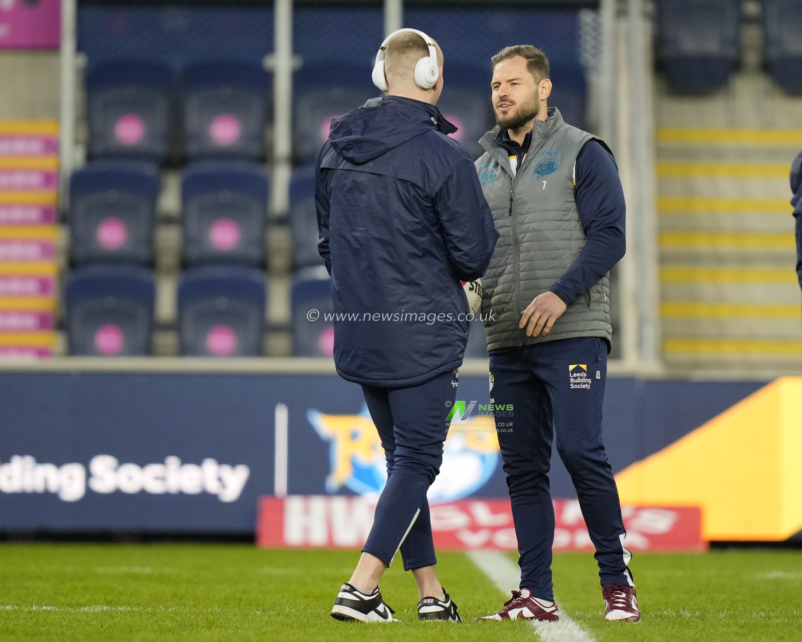 Harry Newman #3 talks with Aidan Sezer #7 of Leeds Rhinos before the Betfred Super League Round 4 match Leeds Rhinos vs Wakefield Trinity at Headingley Stadium, Leeds, United Kingdom, 10th March 2023

(Photo by Steve Flynn/News Images)