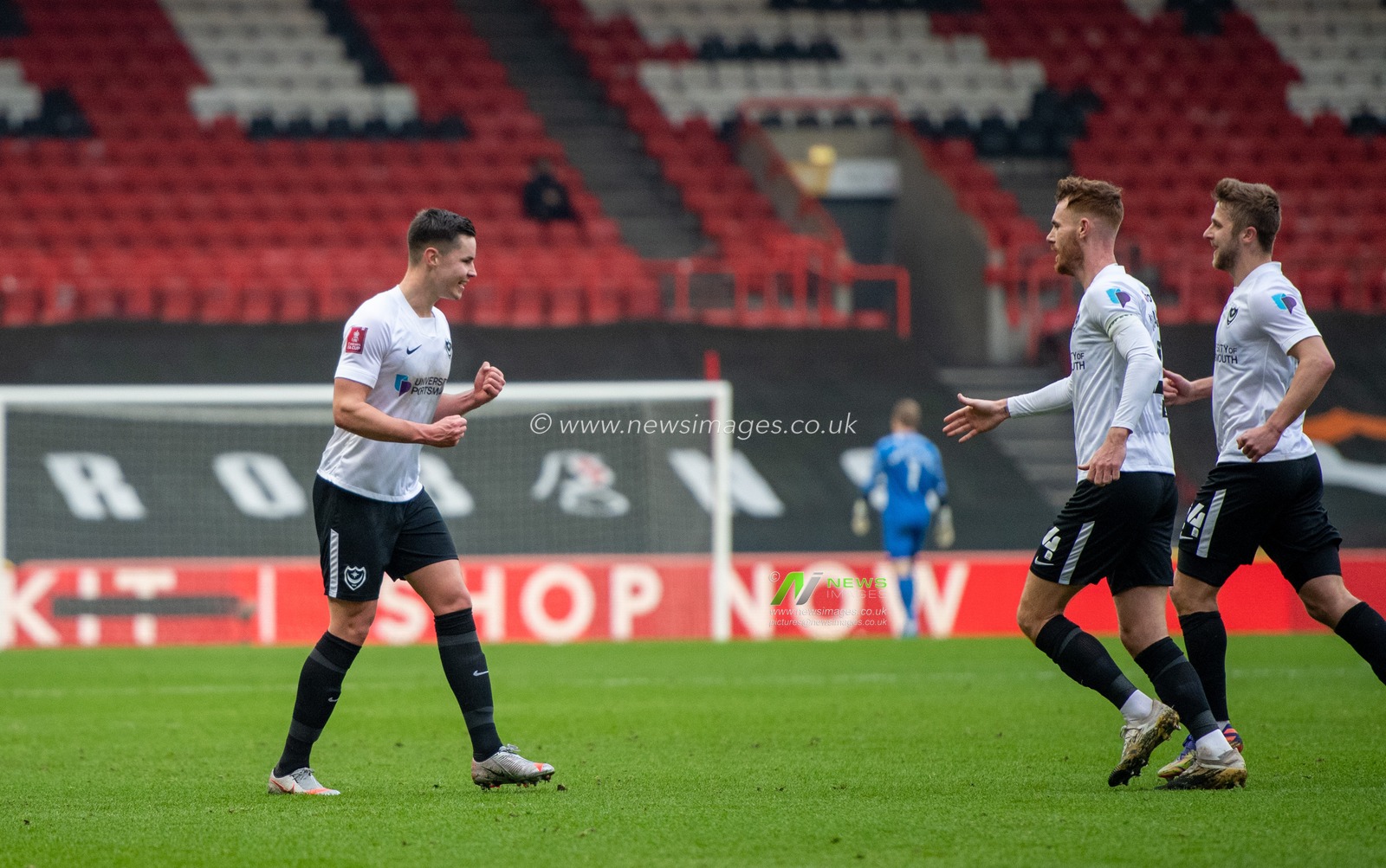Callum Johnson #2 of Portsmouth scores to make it 1-1 vs Bristol City just before half time.