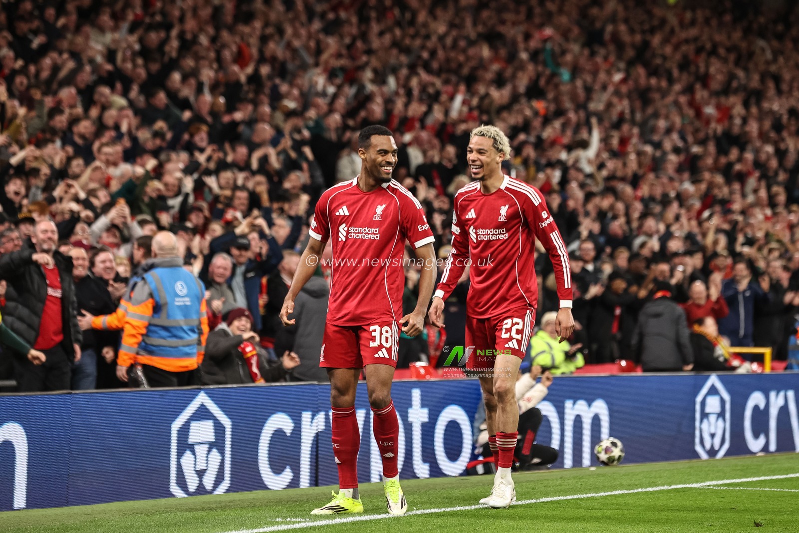 Ryan Gravenberch of Liverpool celebrates his goal to make it 3-0 (3-1 agg) during the UEFA Champions League last 16 second leg match Liverpool vs Galatasaray at Anfield, Liverpool, United Kingdom on 18 March 2026

(Photo by Alfie Cosgrove/News Images