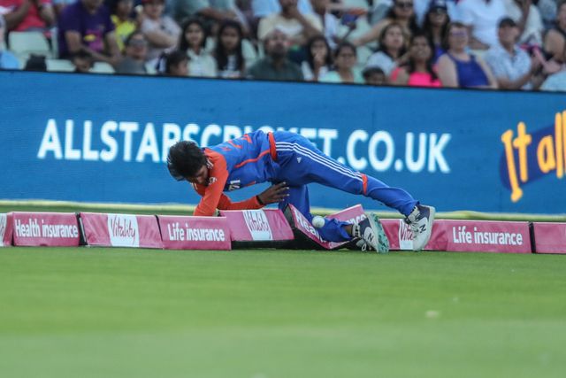 Kranti Gaud of India attempts to stop the ball from reaching the boundary during the 5th Vitality IT20 England Women vs India Women at Edgbaston, Birmingham, United Kingdom, 12th July 2025

(Photo by Izzy Poles/News Images)