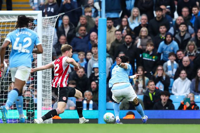 Omar Marmoush of Manchester City shoots and scores to make it 3-0 during the Premier League match Manchester City vs Brentford at The City in the Community Etihad Stadium, Manchester, United Kingdom on 09 May 2026

(Photo by Jorge Horsted/News Images)