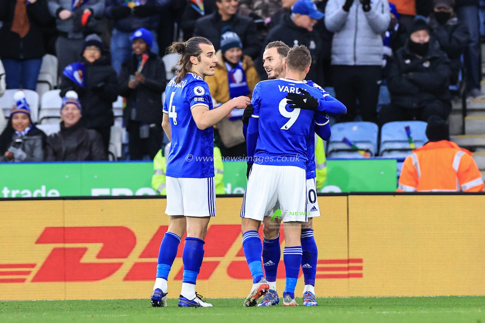 James Maddison #10 of Leicester City celebrates his goal to make it 1-0