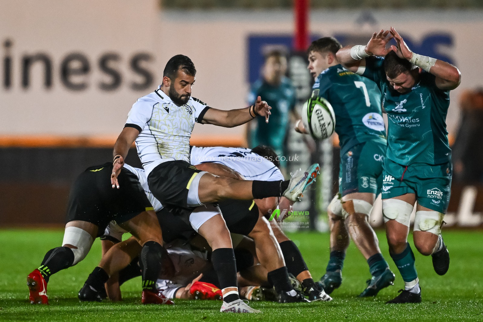 Tengiz Peranidze of Black Lion puts up a box kick during the European Rugby Challenge Cup match Llanelli Scarlets vs Black Lion at Parc y Scarlets, Llanelli, United Kingdom, 15th December 2023

(Photo by Craig Thomas/News Images)