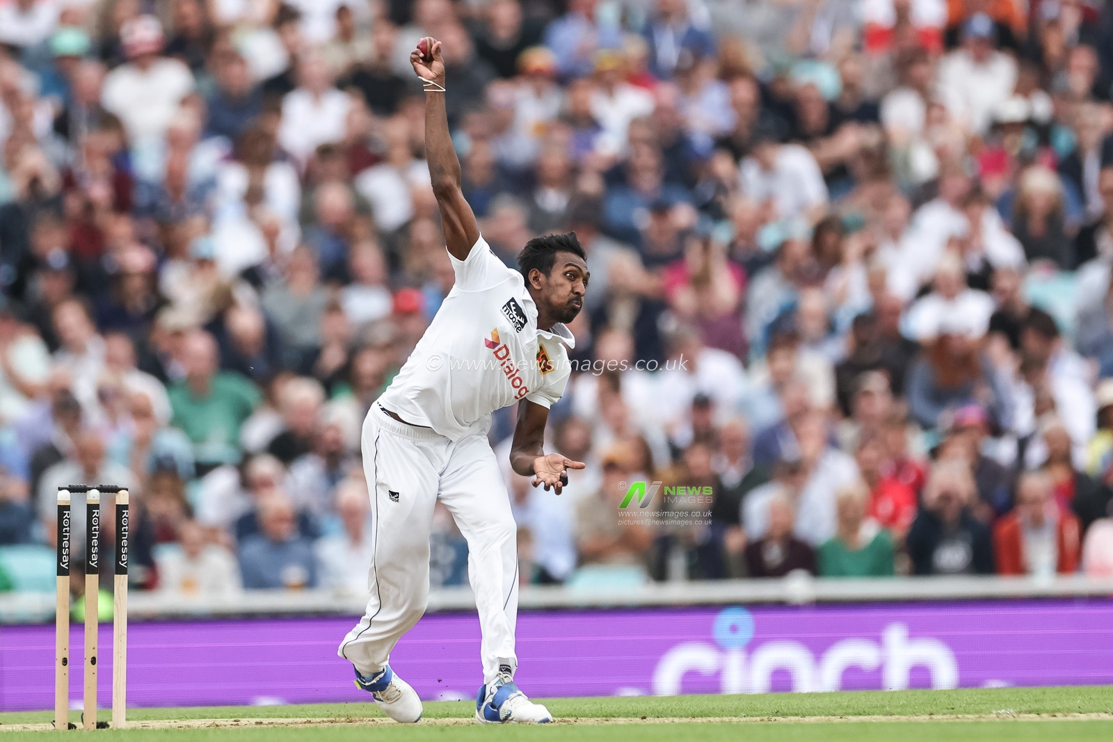 Milan Rathnayake of Sri Lanka delivers the ball during the 3rd Rothesay Test Match Day Two England v Sri Lanka at The Kia Oval, London, United Kingdom, 7th September 2024

(Photo by Mark Cosgrove/News Images)