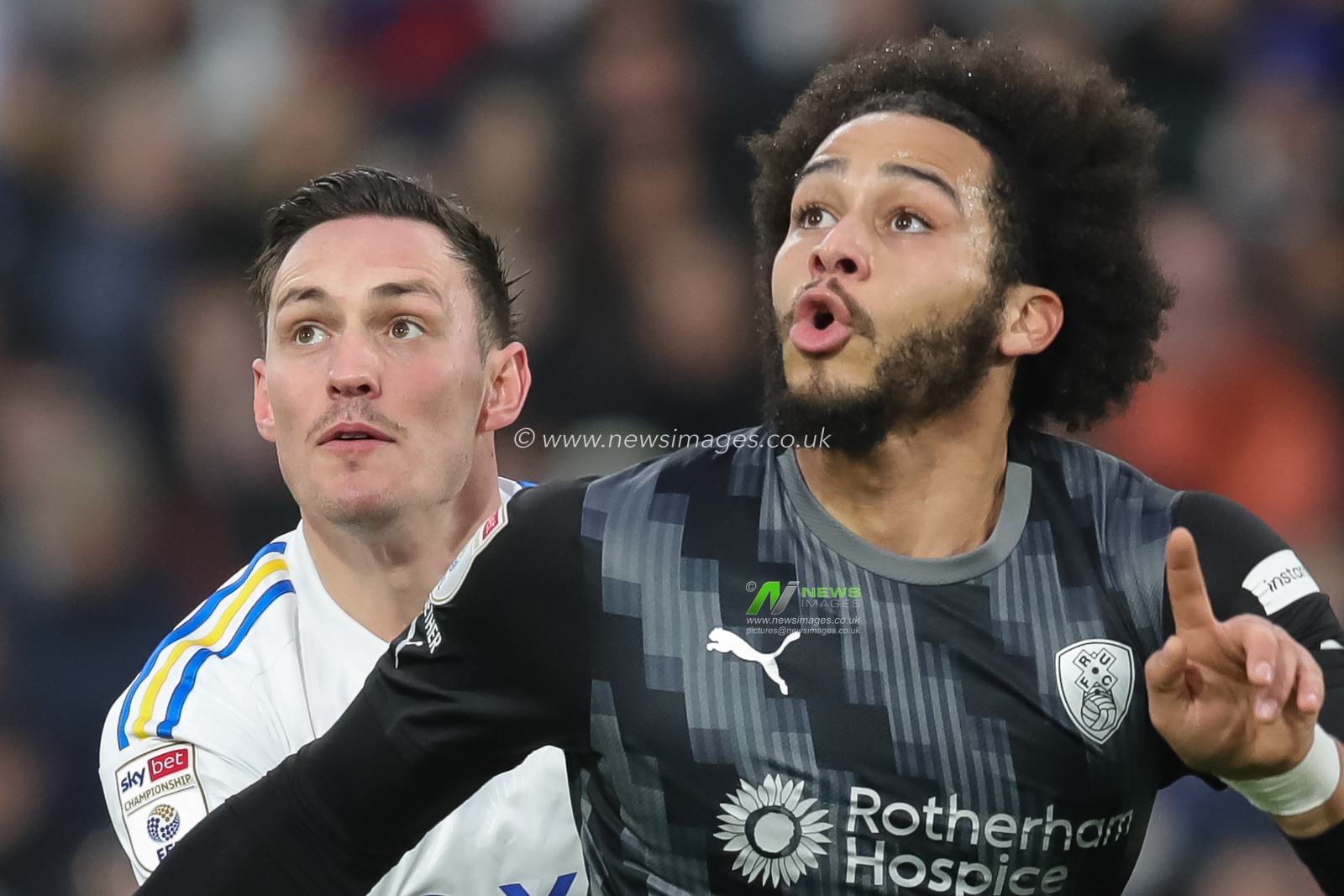 New signing Connor Roberts of Leeds United and Sam Nombe #29 of Rotherham United during the Sky Bet Championship match Leeds United vs Rotherham United at Elland Road, Leeds, United Kingdom, 10th February 2024

(Photo by James Heaton/News Images)