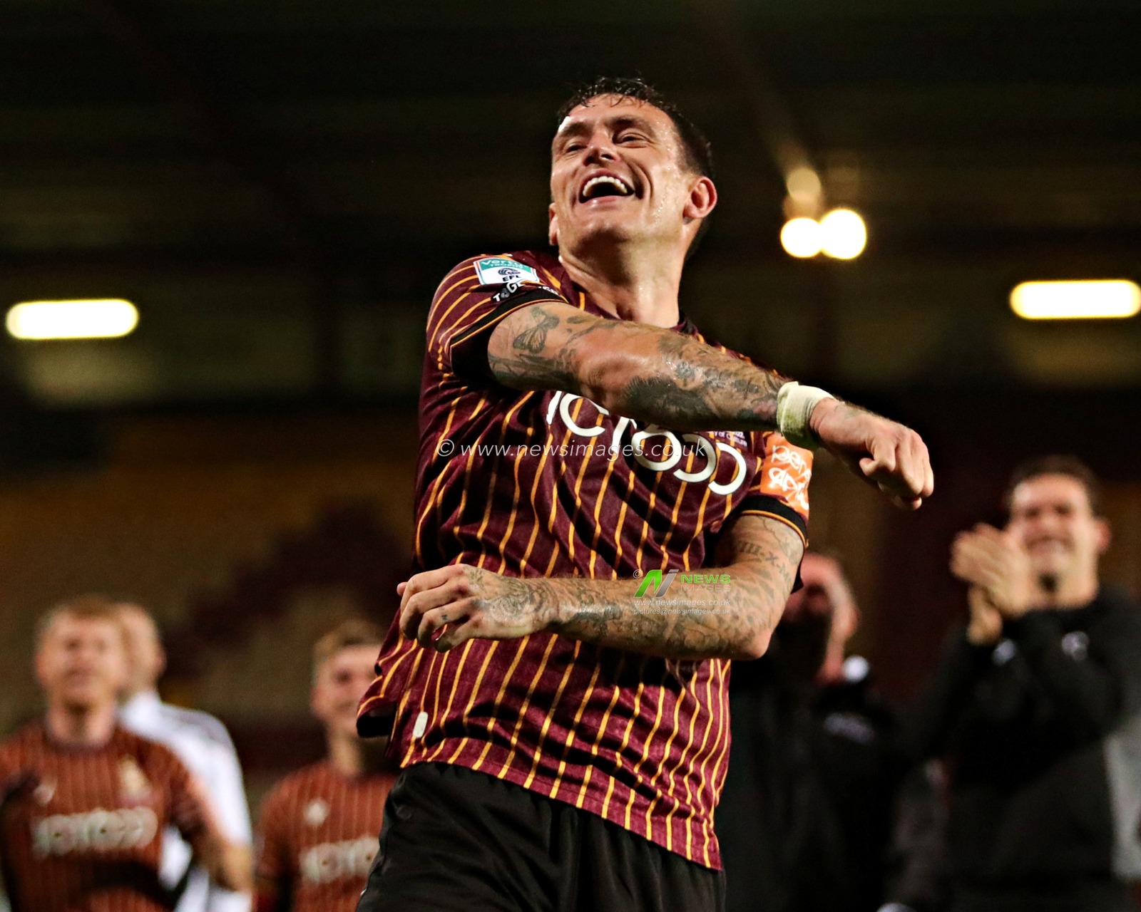 Andy Cook of Bradford City celebrates after The Vertu Trophy match Bradford City vs Grimsby Town at University of Bradford Stadium, Bradford, United Kingdom, 2nd September 2025(Photo by Sam Eaden/News Images)