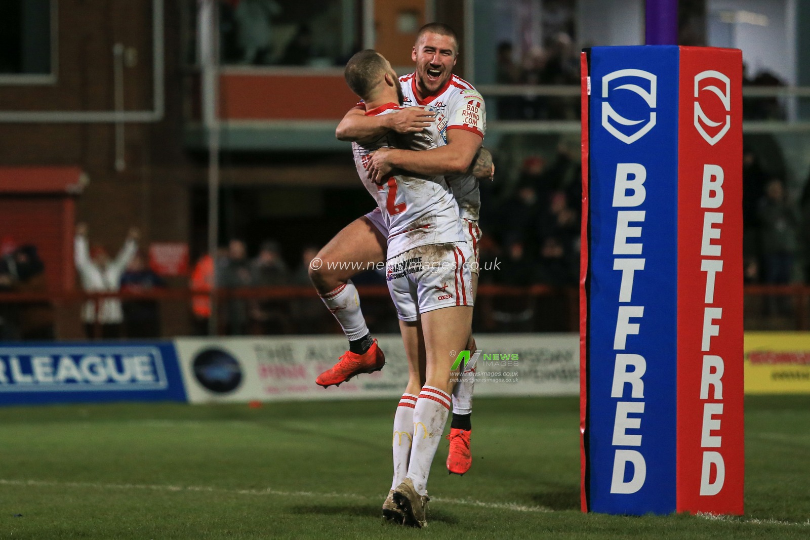 31st January 2020, KHull College Craven Park , Kingston upon Hull, England; Betfred Super League, Hull Kingston Rovers v Wakefield Trinity :Ben Crooks (2) and Greg Minikin (5) of Hull KR celebrate Ben Crooks try