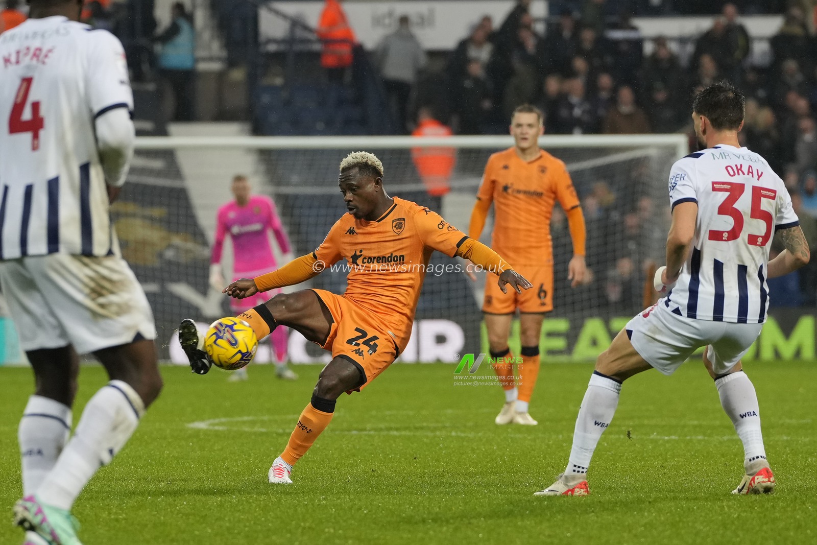 Jean MichaÃ«l Seri #24 of Hull City plays the. Ball over Okay YokuÅŸlu #35 of West Bromwich Albion during the Sky Bet Championship match West Bromwich Albion vs Hull City at The Hawthorns, West Bromwich, United Kingdom, 4th November 2023

(Photo by Steve Flynn/News Images)