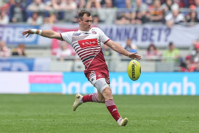 Harry Smith of Wigan Warriors kicks up field during the Betfred Super League Magic Weekend match Wigan Warriors vs St Helens at Hill Dickinson Stadium, Liverpool, United Kingdom on 05 July 2026

(Photo by Mark Cosgrove/News Images)