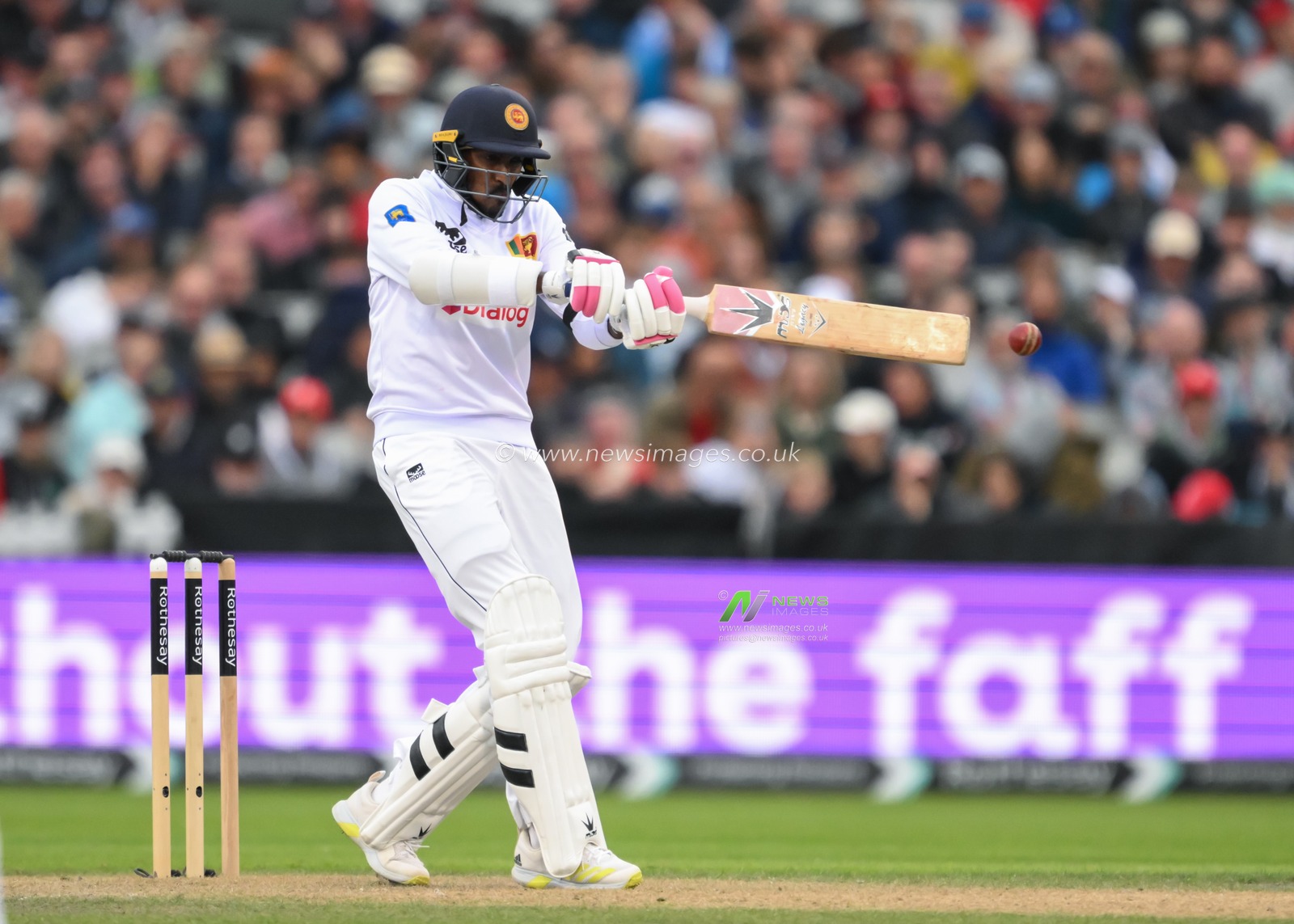 Milan Rathnayake of Sri Lanka hits a boundary for four runs  during the England Men v Sri Lanka 1st Rothesay Test Match at Old Trafford, Manchester, United Kingdom, 20th August 2024

(Photo by Craig Thomas/News Images)