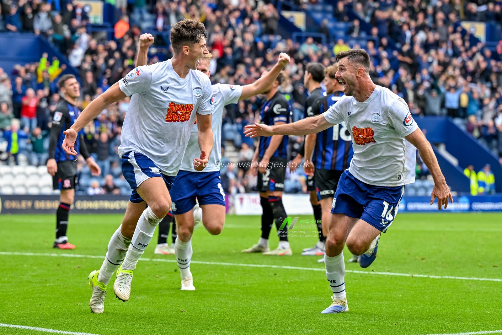 Jordan Story of Preston North End  celebrates his goal during the Sky Bet Championship match Preston North End vs Middlesbrough at Deepdale, Preston, United Kingdom, 13th September 2025

(Photo by Adam Gee/News Images)