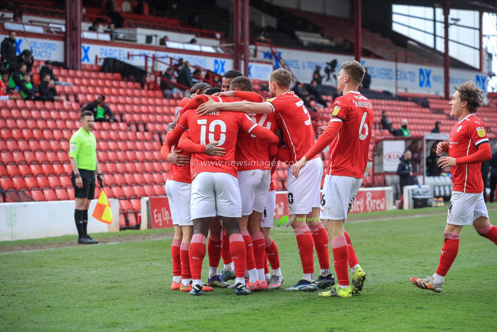 Alex Mowatt #27 of Barnsley celebrates his goal to make it 1-0 as he scores direct from a corner during the Sky Bet Championship Barnsley v Middlesbrough, Oakwell, Barnsley, South Yorkshire, UK, 10/04/2021