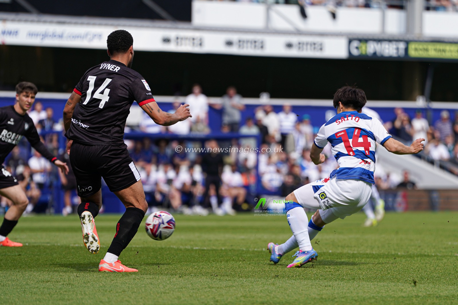 Koki Saito of Queens Park Rangers has a shot on goal during the Sky Bet Championship match Queens Park Rangers vs Bristol City at Kiyan Prince Foundation Stadium, London, United Kingdom, 12th April 2025

(Photo by Harvey Murphy/News Images)