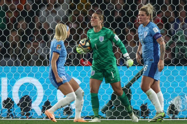 Mary Earps #1 of England celebrates saving a penalty during the FIFA Women's World Cup 2023 Final match Spain Women vs England Women at Stadium Australia, Sydney, Australia, 20th August 2023

(Photo by Patrick Hoelscher/News Images)