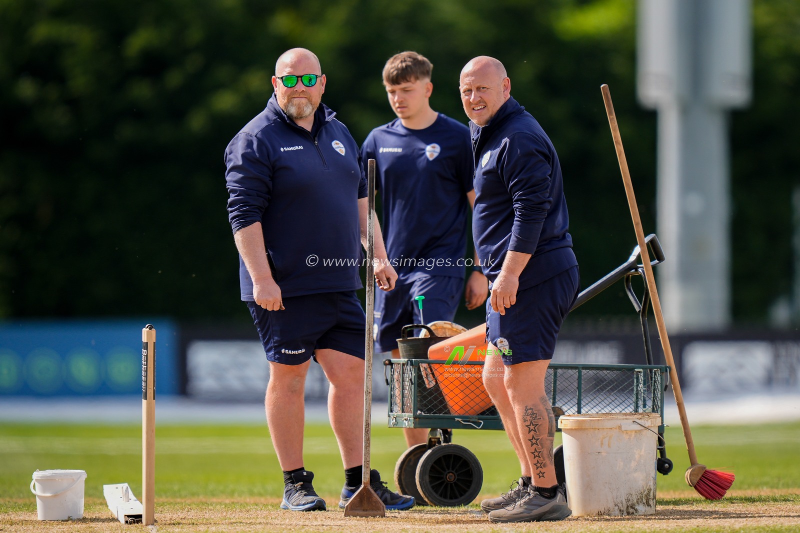 Groundsmen work on the pitch at tea using the heavy roller, brushes and paint during the county Championship Division Two day 4 Derbyshire vs Gloucestershire at The Central Co-Op County Ground, Derby, United Kingdom on 27 April 2026

(Photo by Maynard Manyowa/News Images)