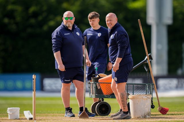 Groundsmen work on the pitch at tea using the heavy roller, brushes and paint during the county Championship Division Two day 4 Derbyshire vs Gloucestershire at The Central Co-Op County Ground, Derby, United Kingdom on 27 April 2026

(Photo by Maynard Manyowa/News Images)