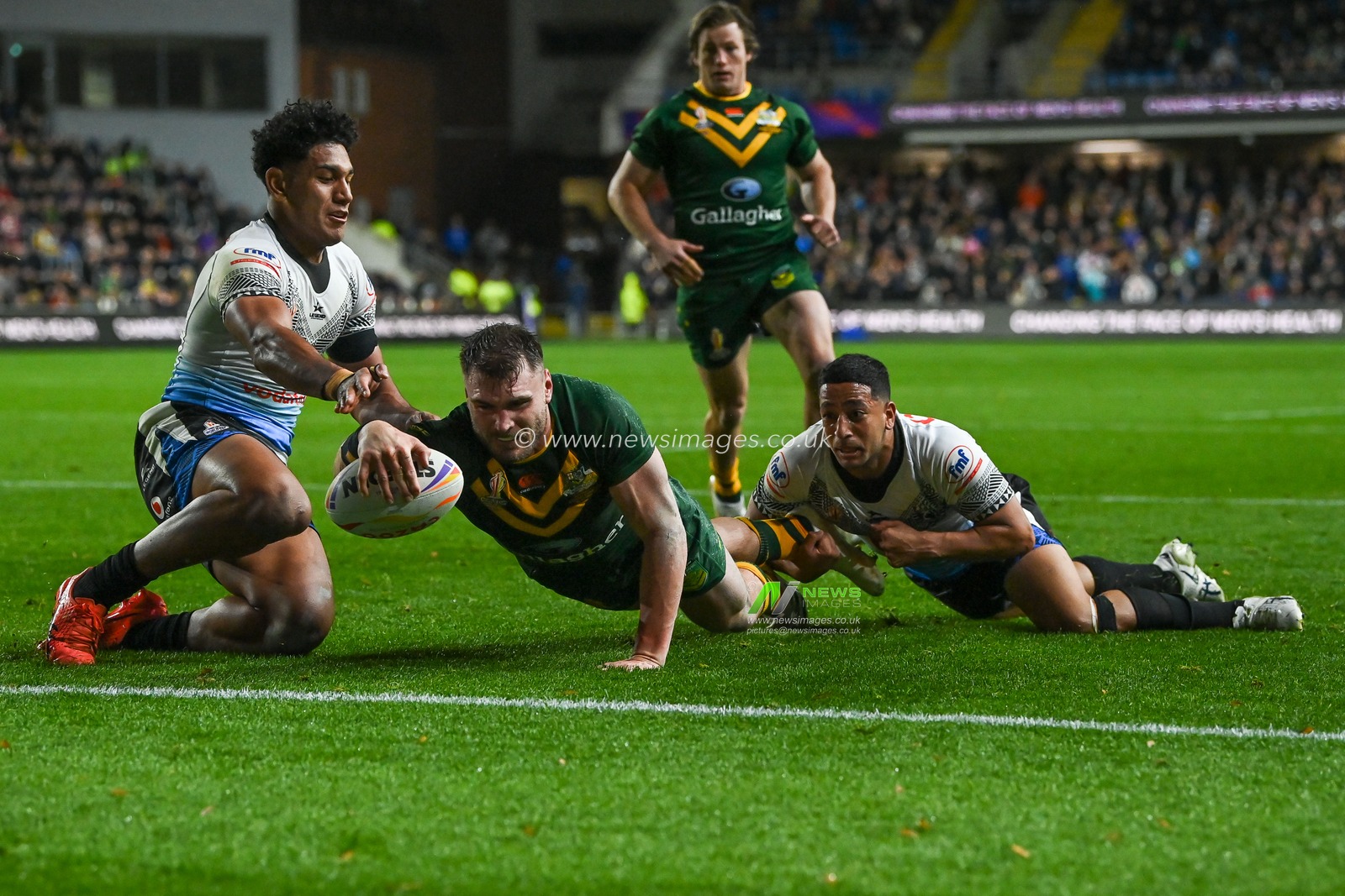 Angus Crichton of Australia goes over for a try during the Rugby League World Cup 2021 match Australia vs Fiji at Headingley Stadium, Leeds, United Kingdom, 15th October 2022

(Photo by Craig Thomas/News Images)