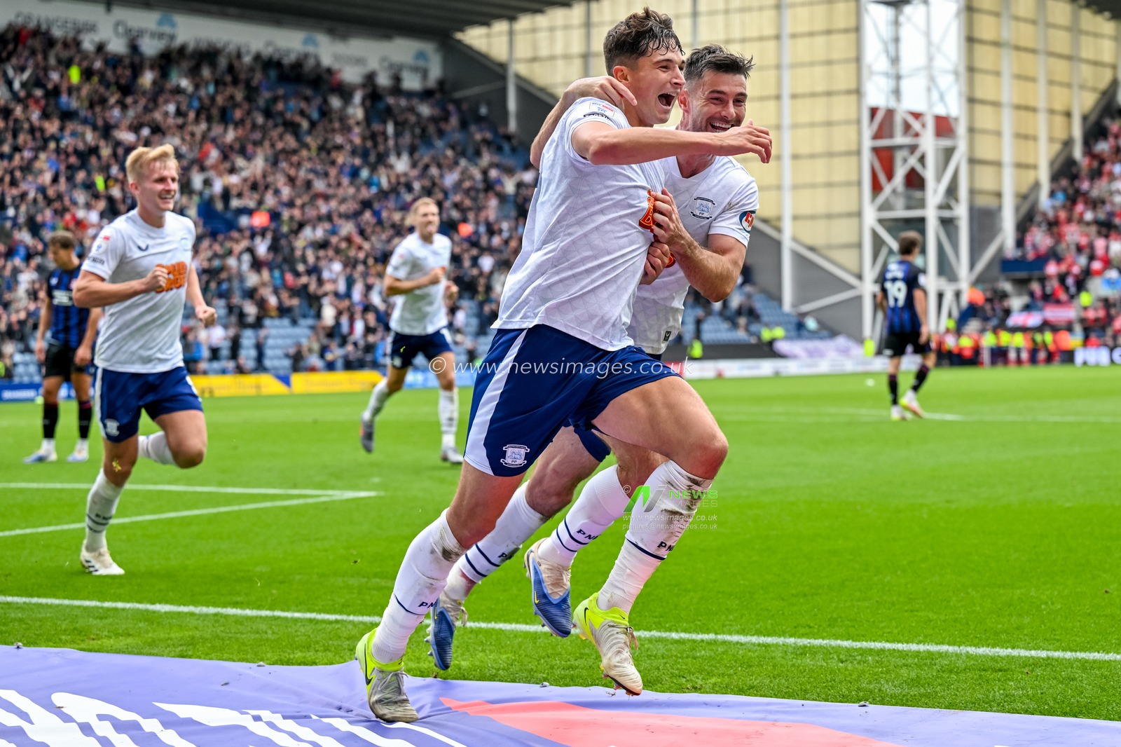 Jordan Story of Preston North End  celebrates with Andrew Hughes of Preston North End  after scoring the second goal for Prestonduring the Sky Bet Championship match Preston North End vs Middlesbrough at Deepdale, Preston, United Kingdom, 13th September 2025

(Photo by Adam Gee/News Images)