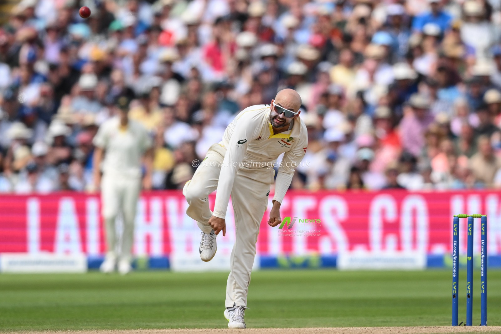 Nathan Lyon of Australia delivers the ball during the LV= Insurance Ashes Test Series Day 4 match England vs Australia at Edgbaston, Birmingham, United Kingdom, 19th June 2023

(Photo by Craig Thomas/News Images)