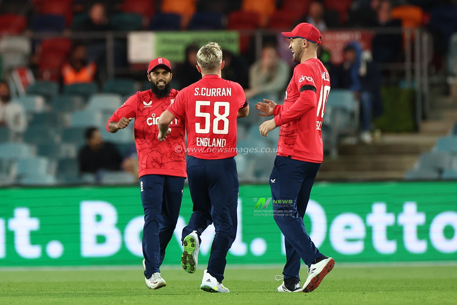 Sam Curran of England dismisses Tim David of Australia and celebrates  during the Dettol T20I Series 2 of 3 match Australia vs England at Manuka Oval, Canberra, Australia, 12th October 2022

(Photo by Patrick Hoelscher/News Images)