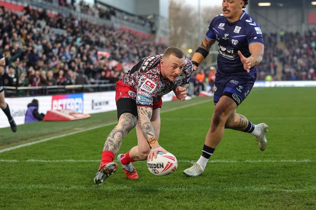 Josh Charnley of Leigh Leopards goes over for a try during the Betfred Super League round 6 match Leigh Leopards vs Toulouse at Leigh Sports Village, Leigh, United Kingdom on 28 March 2026

(Photo by Mark Cosgrove/News Images)