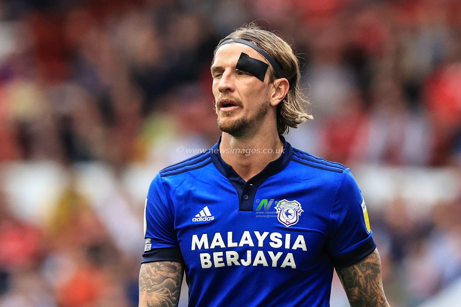 Aden Flint #5 of Cardiff City with a patch on his eye