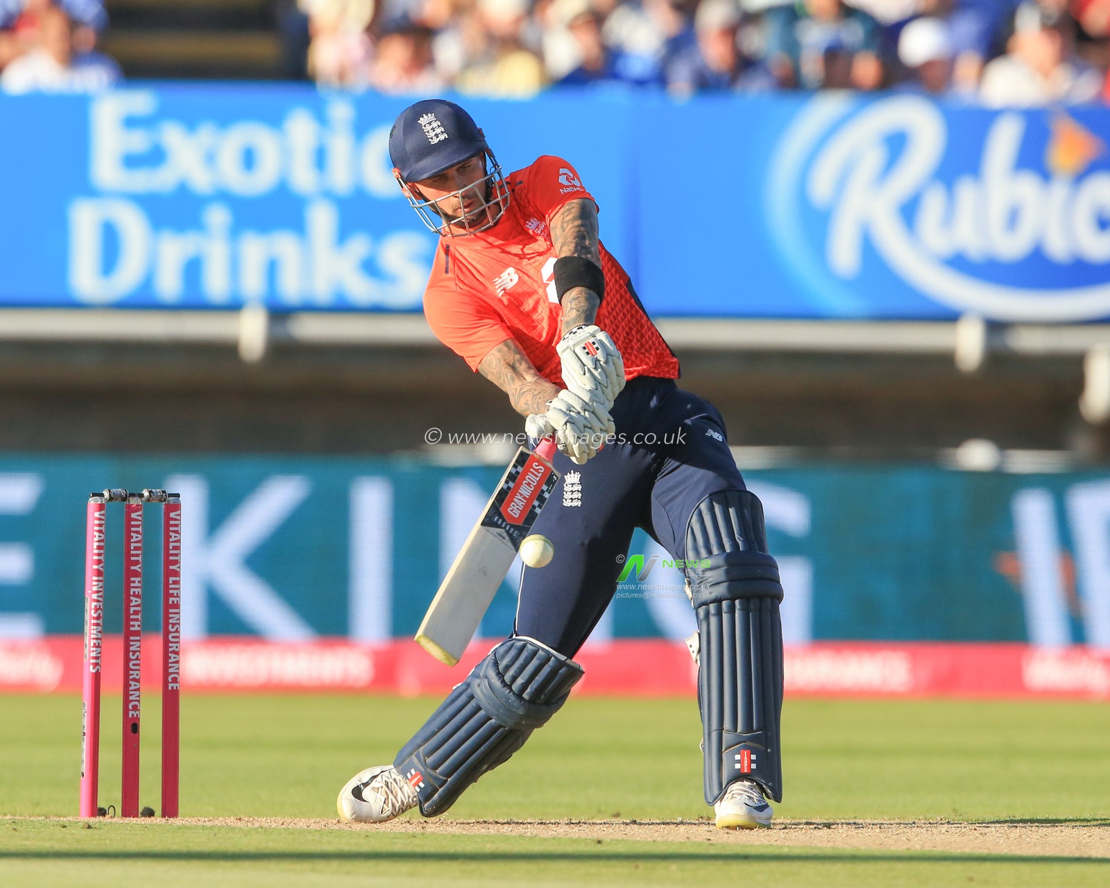 Wednesday 27th June 2018 , Edgbaston, Birmingham, Vitality IT20 Series Edgbaston England v Australia; Alex Hales of England hits another six (6) 