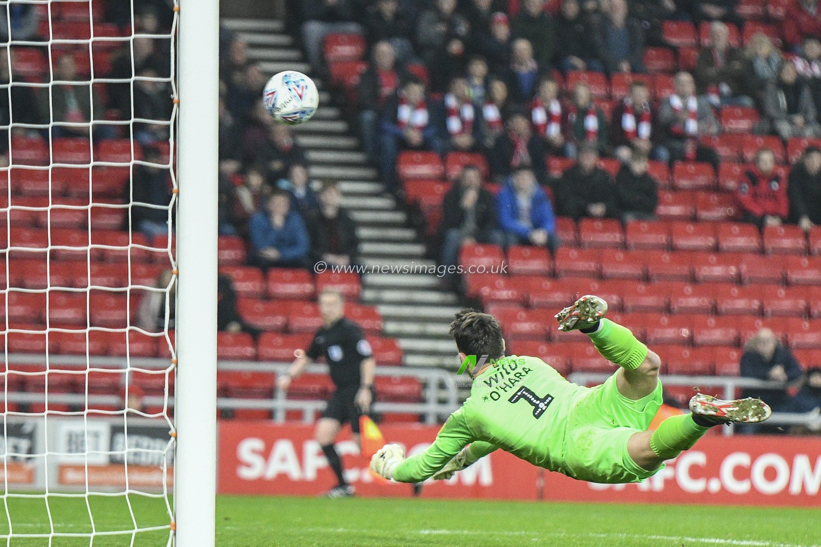 26th November 2019, Stadium Of Light, Sunderland, England; Sky Bet League 1, Sunderland v Burton Albion : Kieran O'Hara (1) of Burton Albion dives and saves a shot from Luke O'Nien (13) of Sunderland

Credit: Iam Burn/News Images