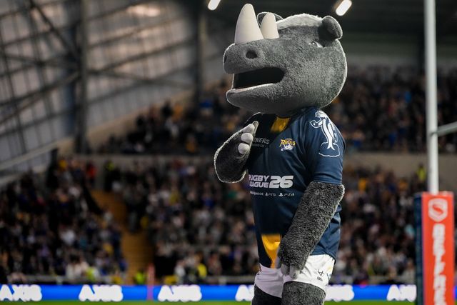 Ronnie the Rhino celebrates a try during the Betfred Super League round 9 match Leeds Rhinos vs Catalans Dragons at AMT Headingley Stadium, Leeds, United Kingdom on 24 April 2026

(Photo by Maynard Manyowa/News Images)