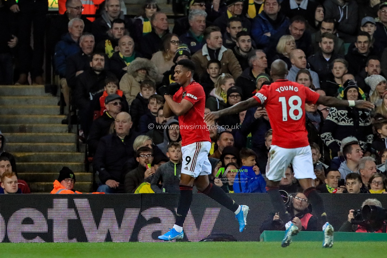 27th October 2019, Carrow Road, Norwich, England; Premier League, Norwich City v Manchester United : Anthony Martial (9) of Manchester United celebrates his goal to make it 0-3

Credit: Mark Cosgrove/News Images