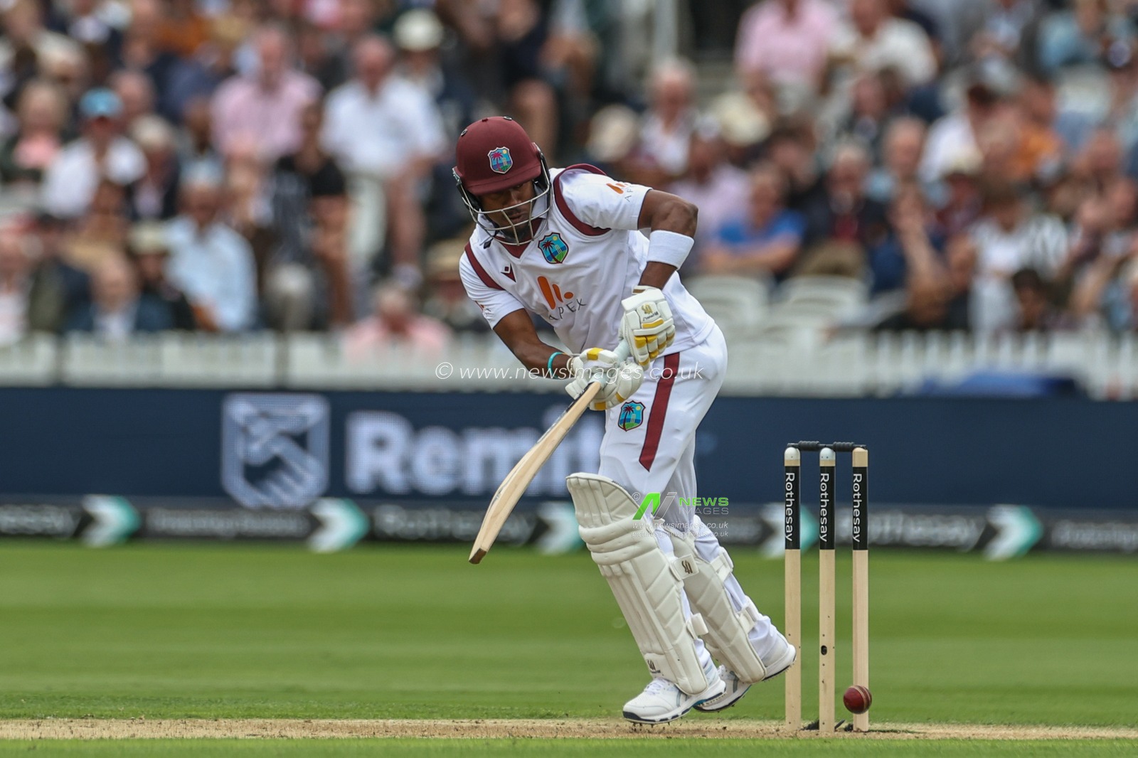 Alick Athanaze of West Indies hits the ball for one run during the 1st Rothesay Test Match day 1 England v West Indies at Lords, London, United Kingdom, 10th July 2024

(Photo by Mark Cosgrove/News Images)