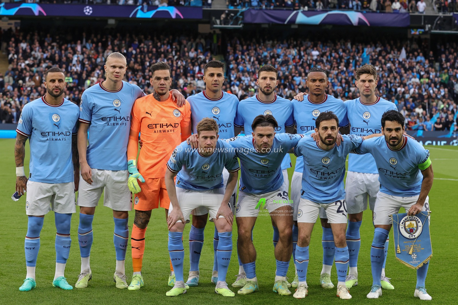 Manchester City players line up ahead of the UEFA Champions League Semi-Final Second Leg Manchester City vs Real Madrid at Etihad Stadium, Manchester, United Kingdom, 17th May 2023

(Photo by Mark Cosgrove/News Images)