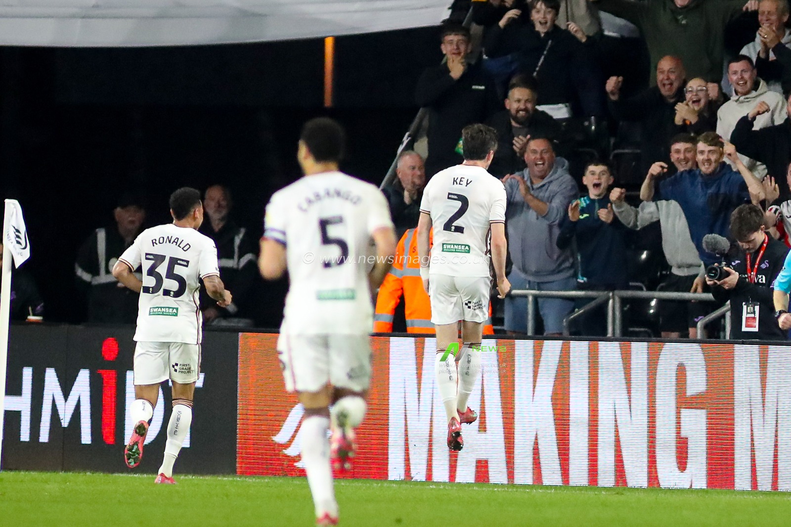 Josh Key of Swansea City celebrates scoring his teams third goal during the Sky Bet Championship match Swansea City vs Plymouth Argyle at Swansea.com Stadium, Swansea, United Kingdom, 9th April 2025

(Photo by Andrew Lewis/News Images)