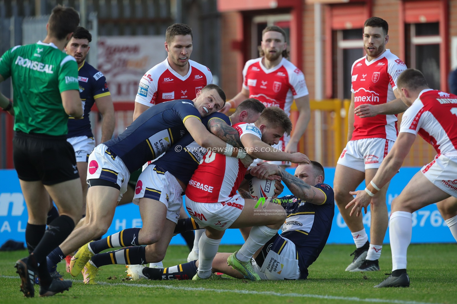 Mikey Lewis #20 of Hull KR is pushed back to prevent the try during the Rugby League Pre Season match Hull KR vs Leeds Rhinos at Sewell Group Craven Park, Kingston upon Hull, United Kingdom, 5th February 2023

(Photo by James Heaton/News Images)