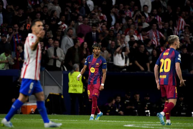 Lamine Yamal of FC Barcelona celebrate his goal during the UEFA Champions League Quarter Finals match Atletico Madrid vs Barcelona at Riyadh Air Metropolitano, Madrid, Spain on 14 April 2026

(Photo by Samuel Carreno/News Images)