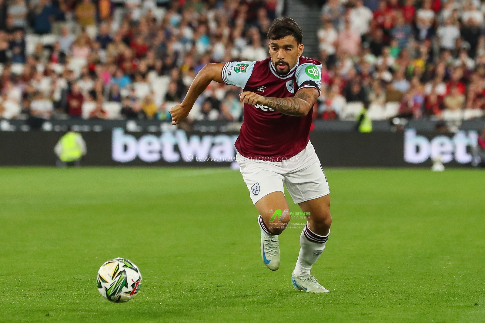 Lucas PaquetÃ¡ of West Ham United makes a break with the ball during the Carabao Cup match West Ham United vs Bournemouth at London Stadium, London, United Kingdom, 28th August 2024

(Photo by Izzy Poles/News Images)