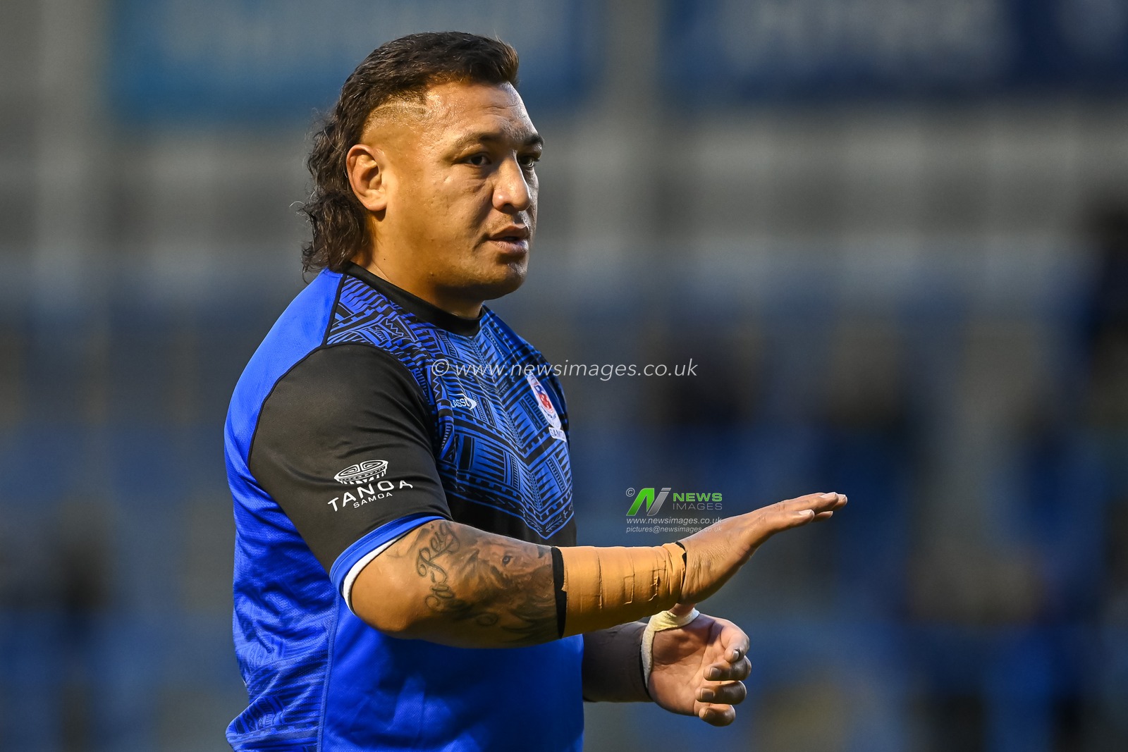 Josh Papalii of Samoa during pre match warm up ahead of the Rugby League World Cup 2021 Group A match Samoa vs France at Halliwell Jones Stadium, Warrington, United Kingdom, 30th October 2022

(Photo by Craig Thomas/News Images)
