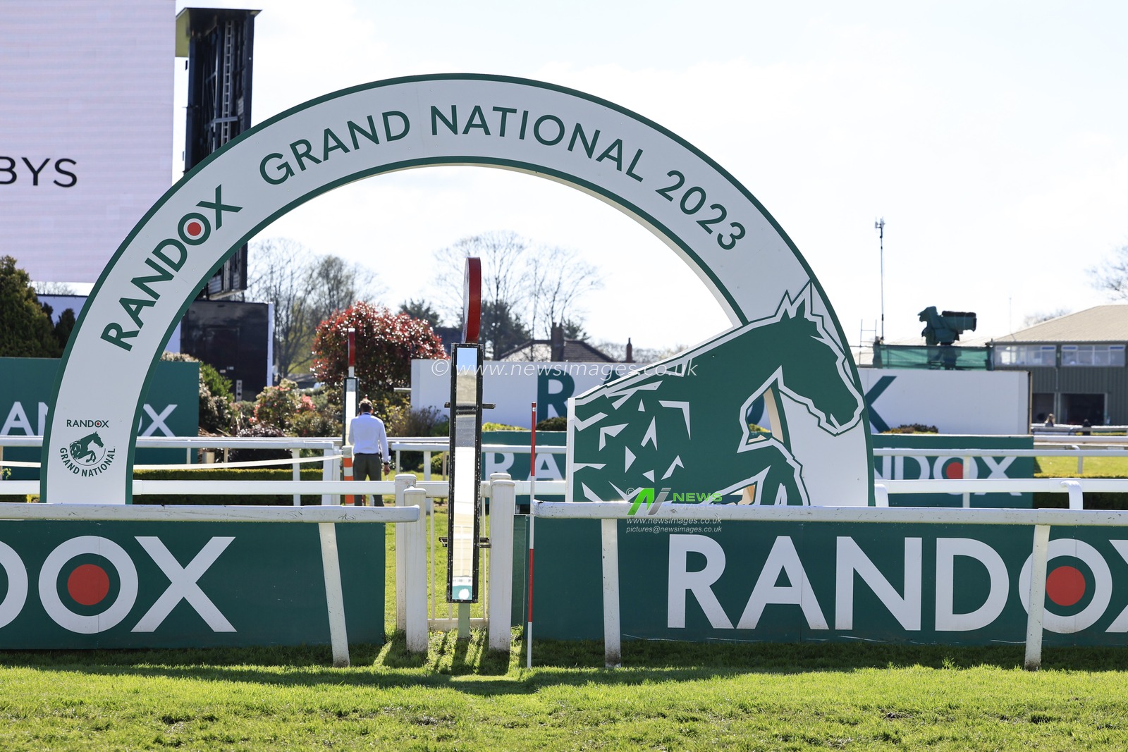 The winning post at Aintree ahead of The Randox Grand National festival 2023 Grand National Day at Aintree Racecourse, Liverpool, United Kingdom, 15th April 2023

(Photo by Conor Molloy/News Images)