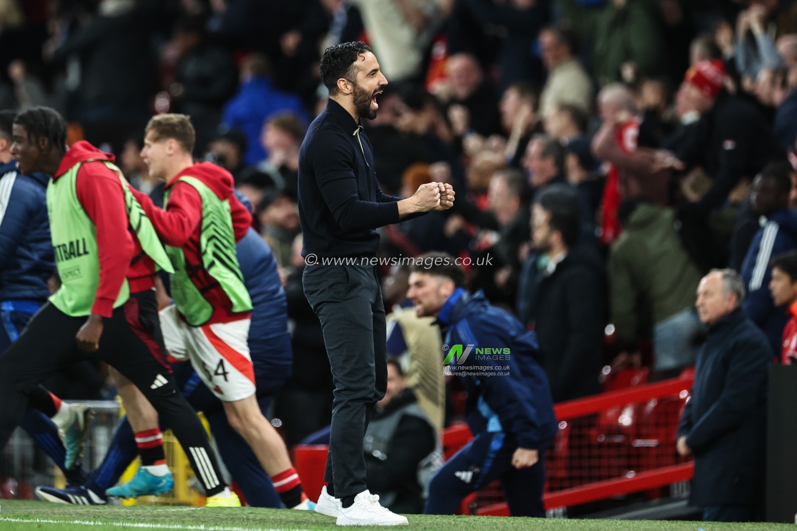 Ruben Amorim manager of Manchester United celebrates his side's goal to make it 5-4 during the UEFA Europa League Quarter-finals match Manchester United vs Lyon at Old Trafford, Manchester, United Kingdom, 17th April 2025

(Photo by Mark Cosgrove/News Images)