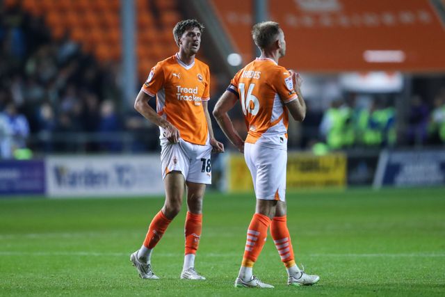 Jake Beesley of Blackpool and Jordan Rhodes of Blackpool in conversation during the Carabao Cup match Blackpool vs Sheffield Wednesday at Bloomfield Road, Blackpool, United Kingdom, 17th September 2024

(Photo by Gareth Evans/News Images)