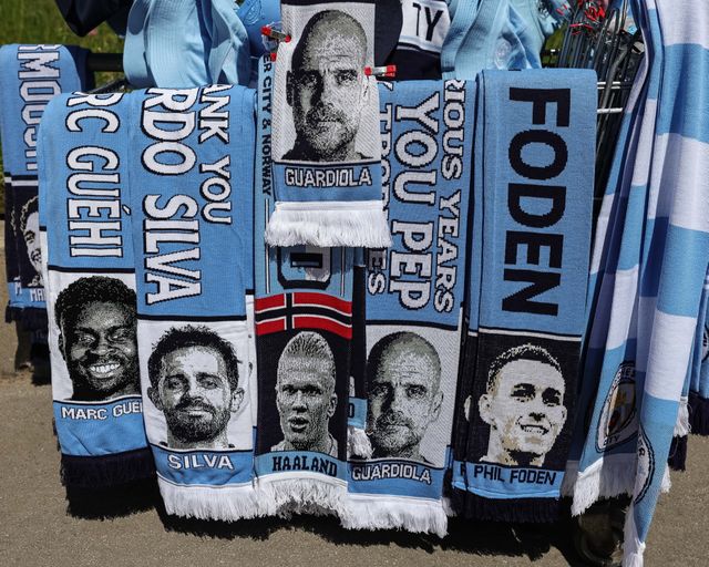 Manchester City scarfs on sale during the Premier League match Manchester City vs Aston Villa at Etihad Stadium, Manchester, United Kingdom on 24 May 2026

(Photo by Mark Cosgrove/News Images)