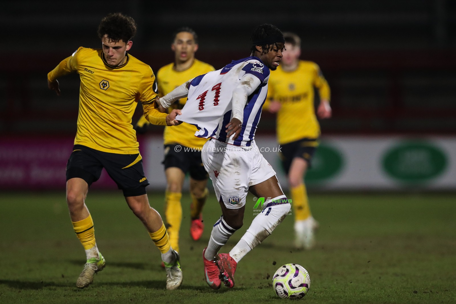 Akeel Higgins of West Bromwich Albion is fouled during the Premier League 2 U21's Wolverhampton Wanderers U21 v West Bromwich Albion U21 at Aggborough Stadium, Kidderminster, United Kingdom, 17th February 2025

(Photo by Gareth Evans/News Images)