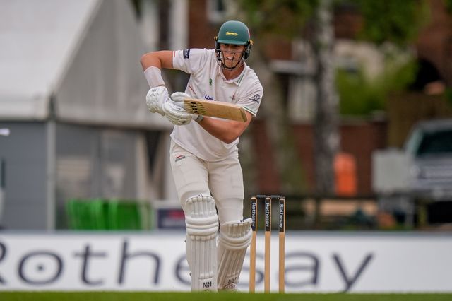 Josh Hull drives the ball down the ground during the County Championship Division One day 3 Leicestershire vs Nottinghamshire at Grace Road, Leicester, United Kingdom on 03 May 2026

(Photo by Maynard Manyowa/News Images)