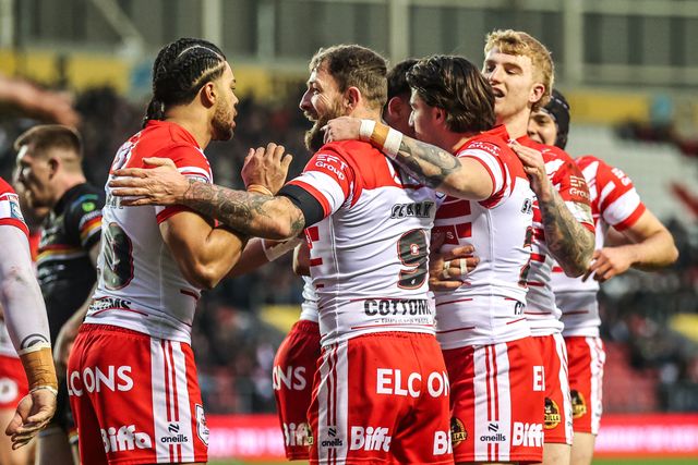 Shane Wright of St Helens celebrates his try during the Betfred Super League round 4 match St Helens vs Bradford Bulls at The BrewDog Stadium, St Helens, United Kingdom on 07 March 2026

(Photo by Alfie Cosgrove/News Images)
