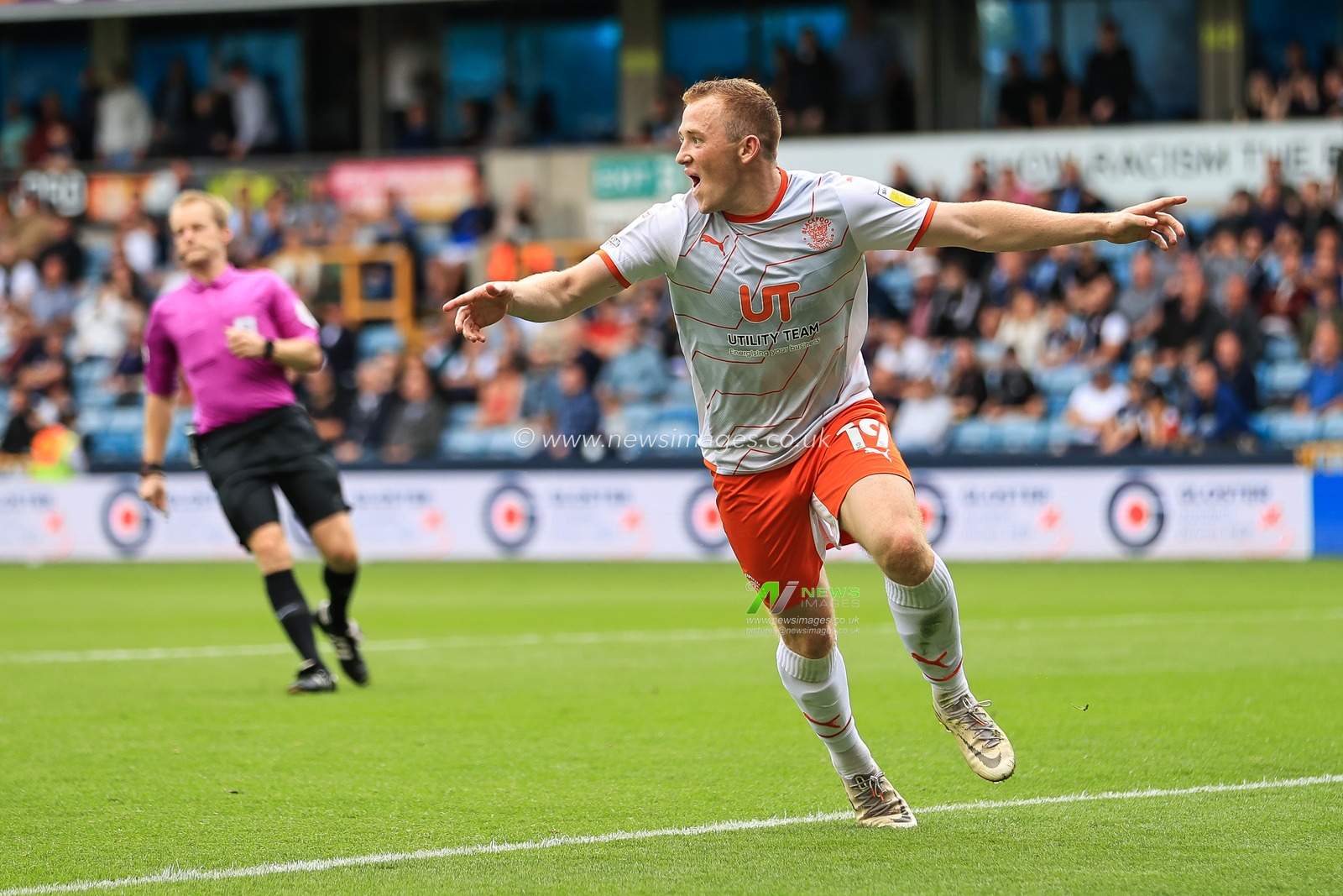 Shayne Lavery #19 of Blackpool celebrates his goal